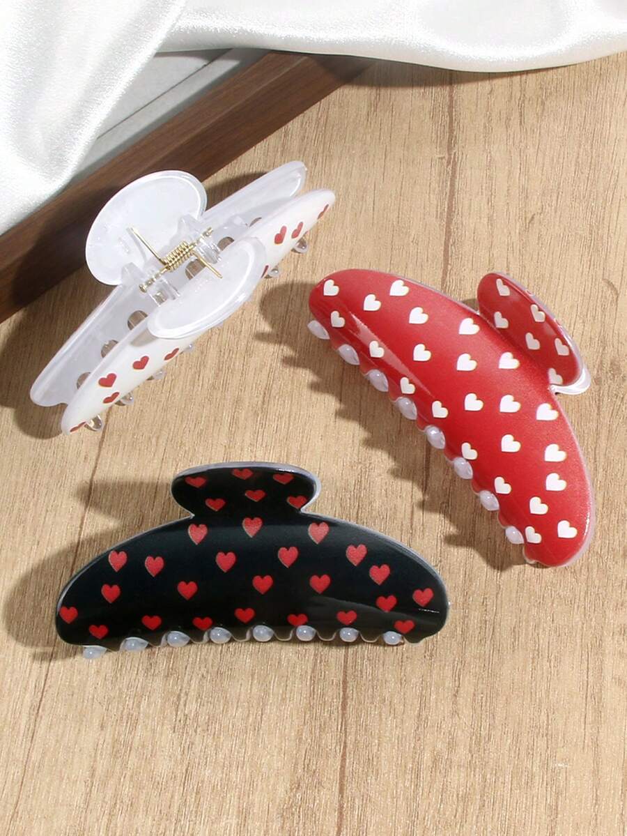 3pcs Minimalist Heart Print Semi-Circle Hair Clips, Elegant Hair Claw Hairstyle Accessories, Daily & Holiday Gift - 3pcs Black/white/red - View 1
