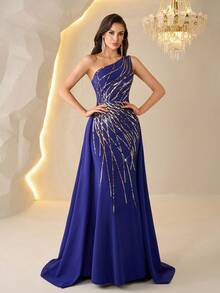 亮片正式晚礼服，修身长款连衣裙，不对称肩部设计，带拖尾，适合派对、春季婚礼等场合。 - 藍色 - 查看 2