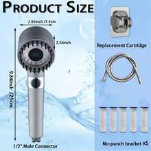 High Pressure Shower Head With Filter, Shower Hose And Shower Bracket, 4 High Pressure Spray Modes, Bathroom Shower Head With Pause Switch, Water-Saving Massage Type Bathroom Accessories - Grey - View 2