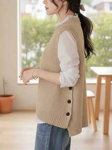 Cozy Cuff Sweater Vest - Soft, Sleeveless, Solid Color Knit Vest For Spring And Fall, Comfortable Casual Women's Wear For Everyday Wear