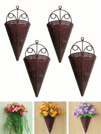 4pcs Rustic Brown Imitation Rattan Hanging Wall Planter, Vintage Wicker Style Orchid Baskets For Home Decor, Vintage Flower Pot For Garden And Home Decor, Plastic Imitation Rattan Cone Shape Pot, Wall Hanging Planter, Balcony Fence Flower Pot