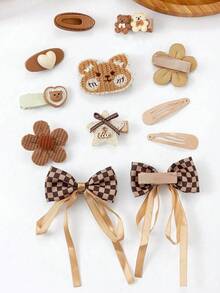 12件套可爱多彩发夹，手工花朵、小熊、丝带蝴蝶结、星星刘海侧夹，甜美女孩日常及派对发饰 - 彩色 - 查看 6