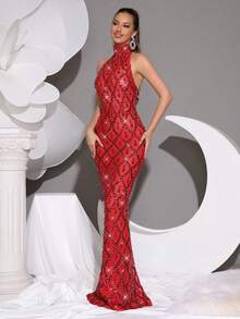 新款女士奢华闪亮亮片钻石拼接透视网纱长裙高领无袖显瘦包臀性感露背长拖尾伴娘礼服婚礼圣诞节节日晚宴女士正式宴会礼服 - 紅色 - 查看 5