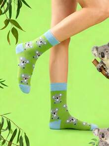 1 Đôi tất vải họa tiết gấu trúc xanh lá cây dành cho cả nam và nữ, tất dài đến bắp chân mềm mại, thoải mái, thời trang, dễ mặc hàng ngày và ngoài trời, thích hợp cho mùa xuân, thu và đông - màu xanh lá - Xem 2