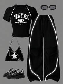 Tween Girl Cartoon Print Short Sleeve Top And Pants Set - Black - View 1