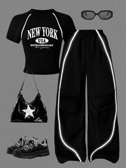 Tween Girl Cartoon Print Short Sleeve Top And Pants Set