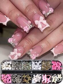 12 Rejillas Decoraciones de Arte de Uñas 3D Lindos Moños, Diseño de Mariposas, Flores y Amor con Perlas, Charms de Rhinestone para Decoración de Uñas, Suministros de Manicura DIY Estilo Japonés