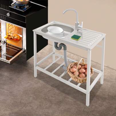 Freestanding Kitchen Single Bowl Sink With Operation Countertop Bottom Shelf 360° Rotatable Faucet Stainless Steel Silver Christmas Home Laundry Room Easy Assembly