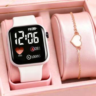 1 Set: Cartoon Heart-Shaped Square LED Digital Watch & 1 Bracelet For Women, Valentine's Day, Christmas, Graduation Gift, School Electronic Watch, Suitable For Daily Wear