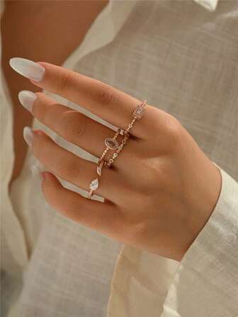 3pcs Minimalist Geometric Zirconia Rings, Women's Daily Party Gift