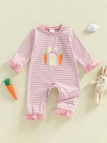 Baby Boy Girl Easter Romper Striped Carrot Bunny Long Sleeve Crewneck Jumpsuit Casual Spring Summer Clothes - Pink - View 1