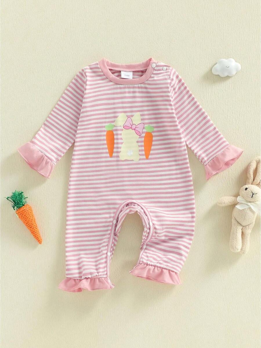 Baby Boy Girl Easter Romper Striped Carrot Bunny Long Sleeve Crewneck Jumpsuit Casual Spring Summer Clothes - Pink - View 1