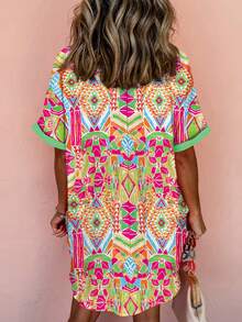 1 Women Floral Geometric Print Cuffed Shift Shirt Dress Button Front Dress Mini Dress - Multicolor - View 3