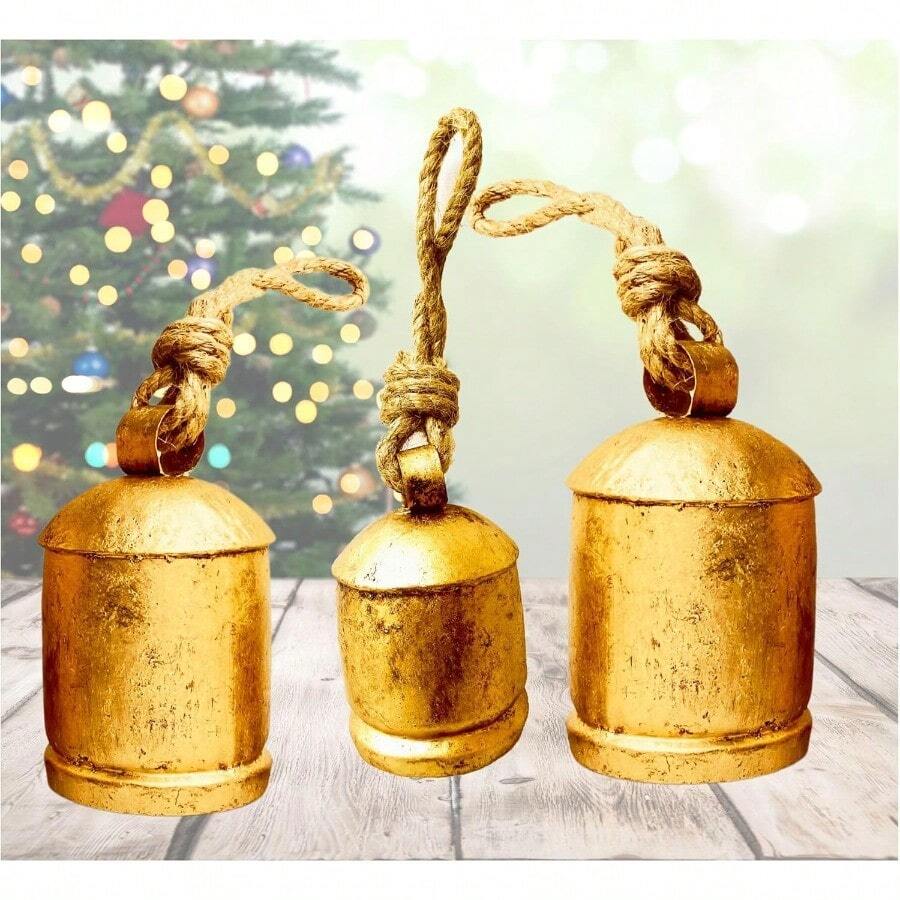 WSXC Rustic Harmony Cow Bells Decorative Set Of 3 Christmas Bell Large Vintage Golden Cow Bell Brass Coated Country Bells Wall Hanging Cowbell Lucky Charm 3"-4"-5" - 345 - View 1