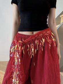 Women's Belly Dance Hip Scarf With Iridescent Sequin Fringe & Tulle Gold-Embossed Decor, Performance & Practice Accessory (Multi-Colors Available) - Multicolor - View 20