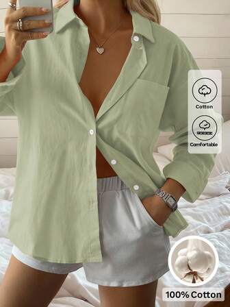 Look Polly Women's Solid Color Long Sleeve Printed Shirt, Single-Breasted Casual Fashion Style, Made With Traceable Cotton Fabric, With Pocket Design, Suitable For Back To School Season, Retro Style, Thanksgiving, Fashionable Women's Shirt, Can Be Worn As Outerwear, New Year Style, Casual Daily Wear