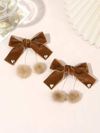 2个棕色丝绒蝴蝶结发夹，可爱绒球蝴蝶结鳄鱼夹，优雅水钻发饰，甜美女孩发夹，休闲秋冬发卡，青少年发饰