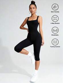 VVX Women's Shapewear Capris Jumpsuit,Square Neck Seamless Tummy Ribbed Sexy Backless Jumpsuit,For GymYoga, Running Outdoor Sports - 黑色 - 查看 2