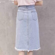 Falda de mezclilla con botones frontales para mujer, casual, cintura alta, dobladillo deshilachado con bolsillo, longitud a la rodilla, falda de mezclilla, Azul, - inicial - Ver 4