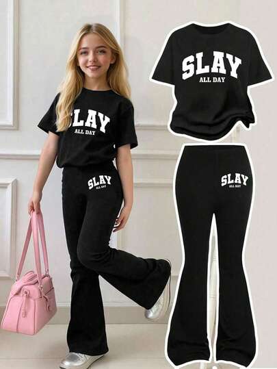 Tween Girl Letter Graphic Print Short Sleeve Top And Skinny Flare Pants Set