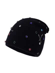 1pc Women's Fashion Punk Style Knit Beanie Hat With Colorful Rhinestone Brooch Pin, Warm Accessory For Autumn/Winter - A - View 8
