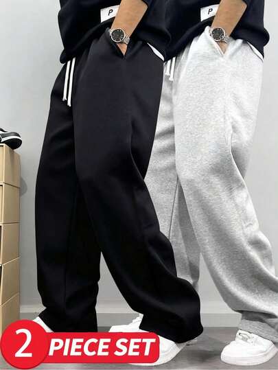 2pcs/Set Men's Casual Loose Straight Leg Sweatpants, Comfortable For Lounging And Outdoor Activities, Suitable As Couple's Gift, 100% Polyester Material With Drawstring Waistband, Available In Multiple Colors