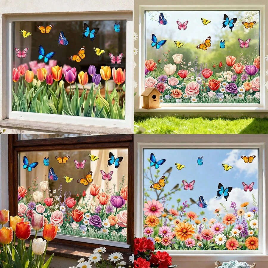 1/3pcs Spring Floral & Butterfly Window Stickers, Static Cling Decals, Anti-Collision Stickers For Home, Glass, Doors, Bathroom, Kitchen, Living Room, Vinyl Decals, Party Supplies