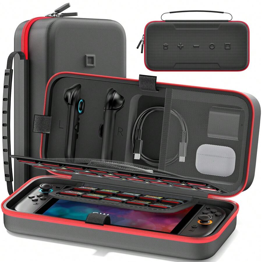 حقيبة حمل محسّنة للجهاز Switch2 مع حماية المقبض، متوافقة مع أجهزة NS الأصلية/OLED، تخزين متعدد الوظائف ل- 26 بطاقة لعبة، شاحن، سماعات أذن، كابل تلفزيون، وحدات تحكم JoyCon، سير معصم، تناسب 3 إصدارات - الأسود - مشاهدة 1