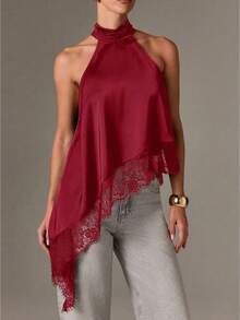 Women's Halter Neck Vest Summer Sleeveless Open Back Irregular Lace Hem Tank Tops - Red - View 1