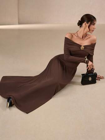 Women's Elegant, Exquisite, Romantic And Fashionable Off-The-Shoulder Metal Decoration Long-Sleeved Tight A-Line Solid Color Dress, Autumn And Summer Women's Dress, Tea Party Dress Wedding