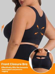 1pc Plus Size Women Casual Fashion Front Closure Adjustable Supportive Sports Bra, Seamless Soft Comfortable Wide Strap Full Coverage Tight-Fitting Bra, Removable Pads, Suitable For Daily Wear, Fitness, Yoga - Black - View 2