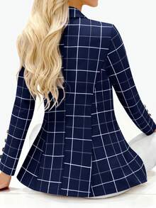 女式纽扣前翻领长袖格子休闲西装外套 - 藏蓝色 - 查看 2