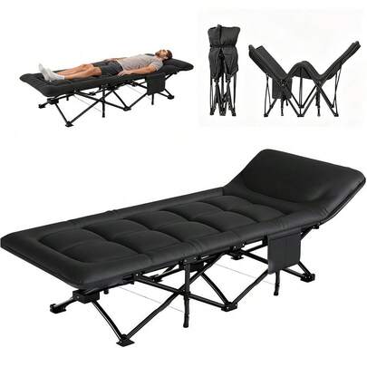 Cama plegable portátil para acampar al aire libre: una cama compacta para adultos con un diseño de tela negra, ideal para excursiones, salidas a la playa y picnics. El regalo perfecto para el Día del Padre, el Día de la Madre o las aventuras de viaje.
