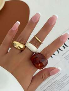 Set de 4 anillos abiertos gruesos y redondos de estilo vintage minimalista, anillos de dedo asimétricos y únicos, adecuados para el uso diario, regalos festivos y decoración de fiestas, set de joyas de encanto - Multicolor - Ver 16