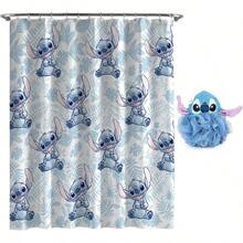 WSXC Disney Lilo And Stitch 2 Piece Bathroom Set White And Blue Floral Shower Curtain And Loofah Body Scrubber - BlueLiloStitch - 查看 1