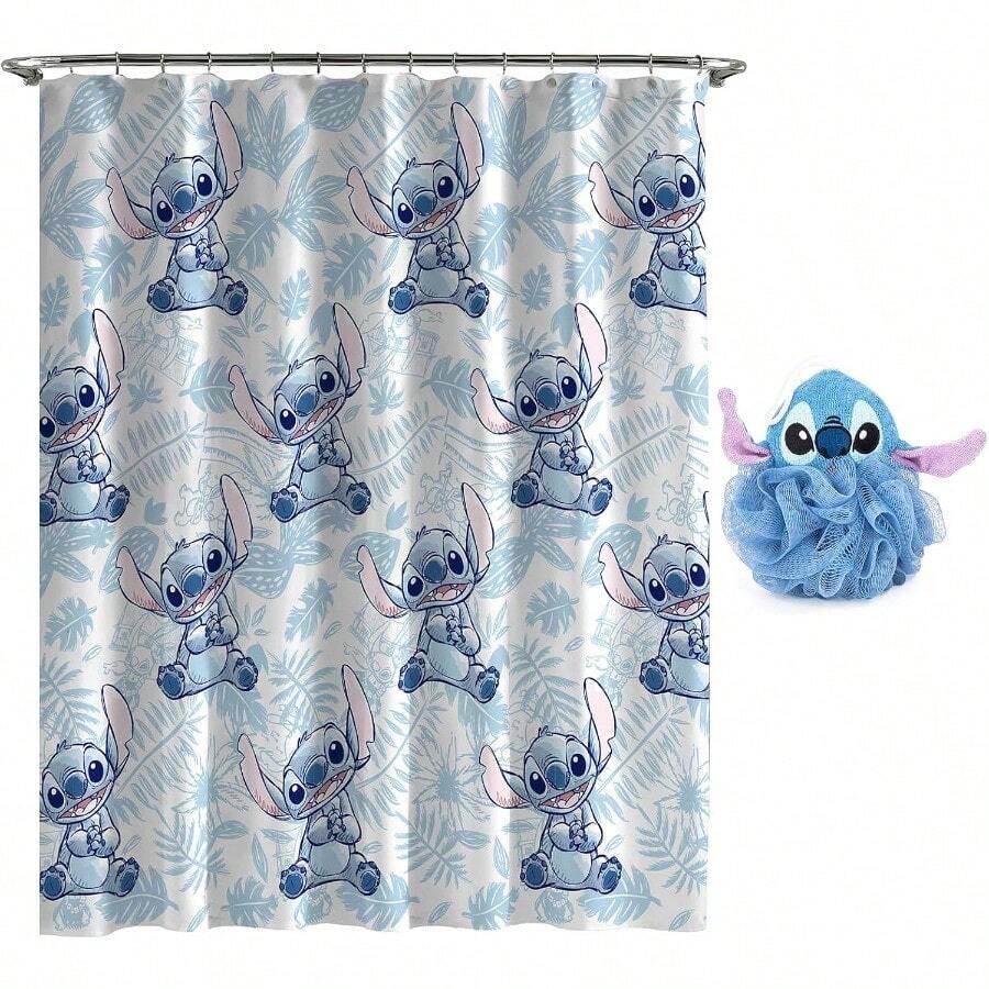 WSXC Disney Lilo And Stitch 2 Piece Bathroom Set White And Blue Floral Shower Curtain And Loofah Body Scrubber - BlueLiloStitch - 查看 1