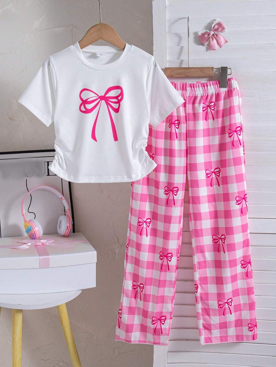 2pcs/Set Girls Casual Butterfly Print Short Sleeve Top And Plaid Butterfly Print Long Pants, Summer Outfit - Pink - View 1