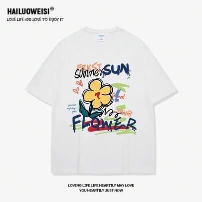 Camiseta de algodón 100% de 200g con estampado de girasol de verano, artículo popular de Halloween 2025, moda de verano para hombres y mujeres, camiseta de manga corta con estampado de patrón, estilo de pareja, ropa interior y exterior, oficina casual, cuello redondo, camisetas de manga corta