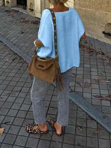 FOR BEAUTY Spring/Summer New Blue V-Neck Button Short Sleeve Top, Oversized Knit Cardigan With Dropped Shoulder Design, Lightweight Knit Sweater, Suitable For Women Casual/Holiday, Must-Have For New Year - Water Orchid - View 8