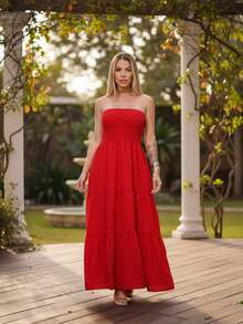 Vestido Longo Sem Alças Corpo Plissado Duna Saia 3 Marias