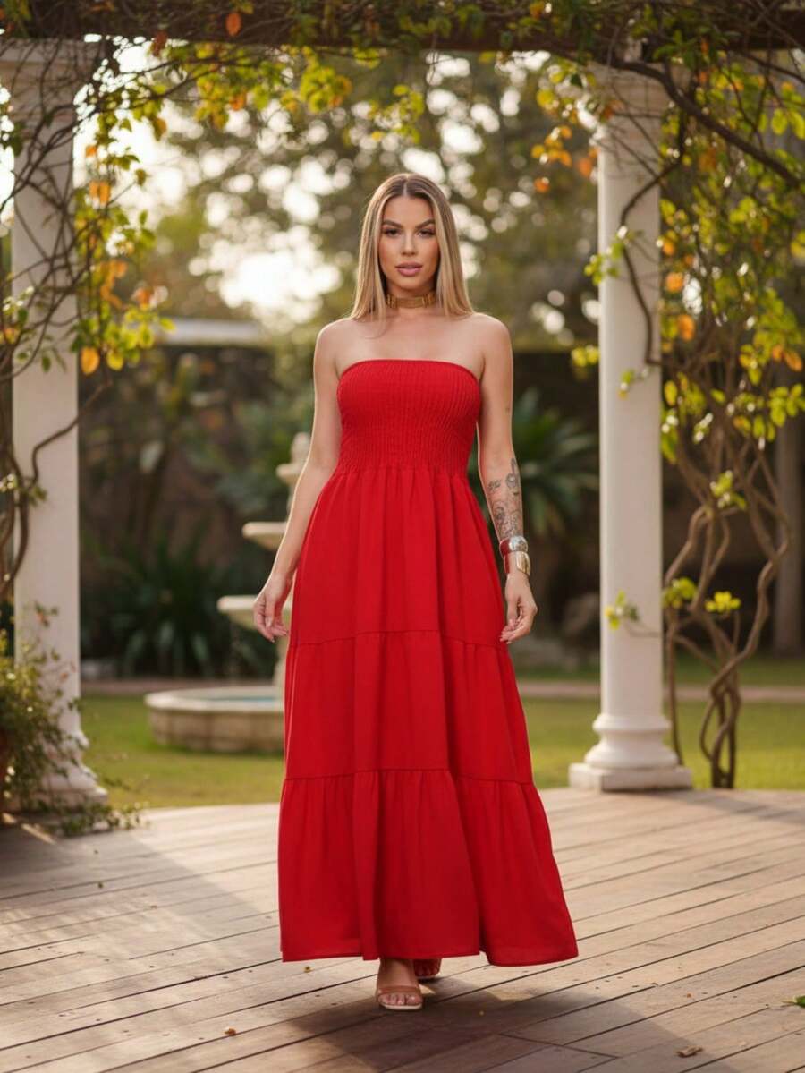 Vestido Longo Sem Alças Corpo Plissado Duna Saia 3 Marias