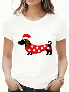 Camiseta Casual para Mujer, Blanca, con Dibujo de Perro Dachshund con Gorro de Papá Noel y Suéter de Lunares Rojos, Temática Navideña para la Temporada Festiva, Hogar, Viajes, Festivales y F - Blanco - Ver 3