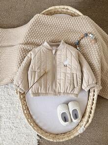 Baby Girl Thick Thermal-Lined Khaki Jacket With Duck Embroidery, Warm Winter Outerwear - Khaki - View 3