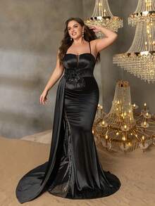Plus Size Women Deep V-Neck Mermaid Evening Dress, High Slit Design, Sheer Long Sleeves, Elegant Formal Gown, Backless Waist Cinching, Suitable For Black Tie Galas, Wedding Guest Dresses, Mother Of The Bride Dresses, Red Carpet Events, And Formal Dinners. - Black - View 5