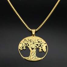 不锈钢金色和银色幸运护身符项链，生命之树设计，女士款 - 金色 - 查看 7