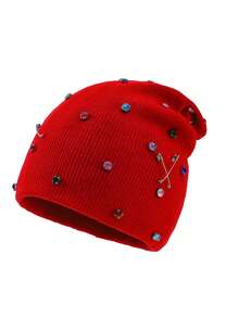 1pc Women's Fashion Punk Style Knit Beanie Hat With Colorful Rhinestone Brooch Pin, Warm Accessory For Autumn/Winter - A - View 6