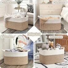 OYHOMO [Soft Basket] Large Soft Fabric Hand-Woven Storage Basket Woven Rope Laundry Hamper For Bedroom, Living Room, Or Closet Organization - 18.9" X 13.4" X 11" Cubes, Grey/White/Black Multi-Functional Baskets - Multicolor - View 9