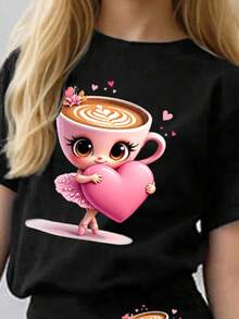 少女卡通印花短袖T恤和修身喇叭裤休闲套装 - 黑色 - 查看 3