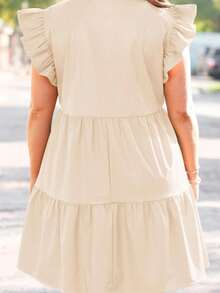 Plus Size V Neck Babydoll Dress Ruffle Short Sleeve Tiered Swing A Line Summer Mini Dress For Women - Màu Khaki - Xem 2
