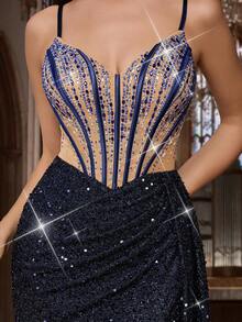 奢华亮片女士正式礼服，高端钻石装饰晚礼服，适合生日派对、盛大晚宴、慈善舞会、宴会、颁奖典礼等场合，无袖开衩长款连衣裙 - 藏蓝色 - 查看 7
